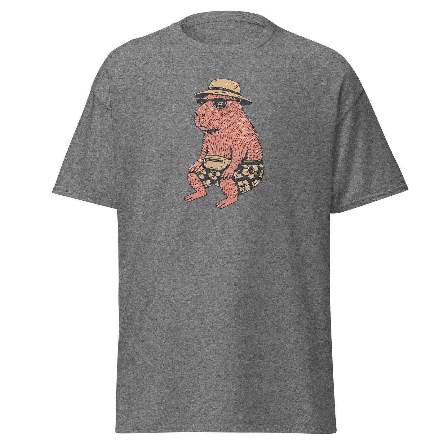gray Unisex Happybara t-shirt with quirky animal design, front view
