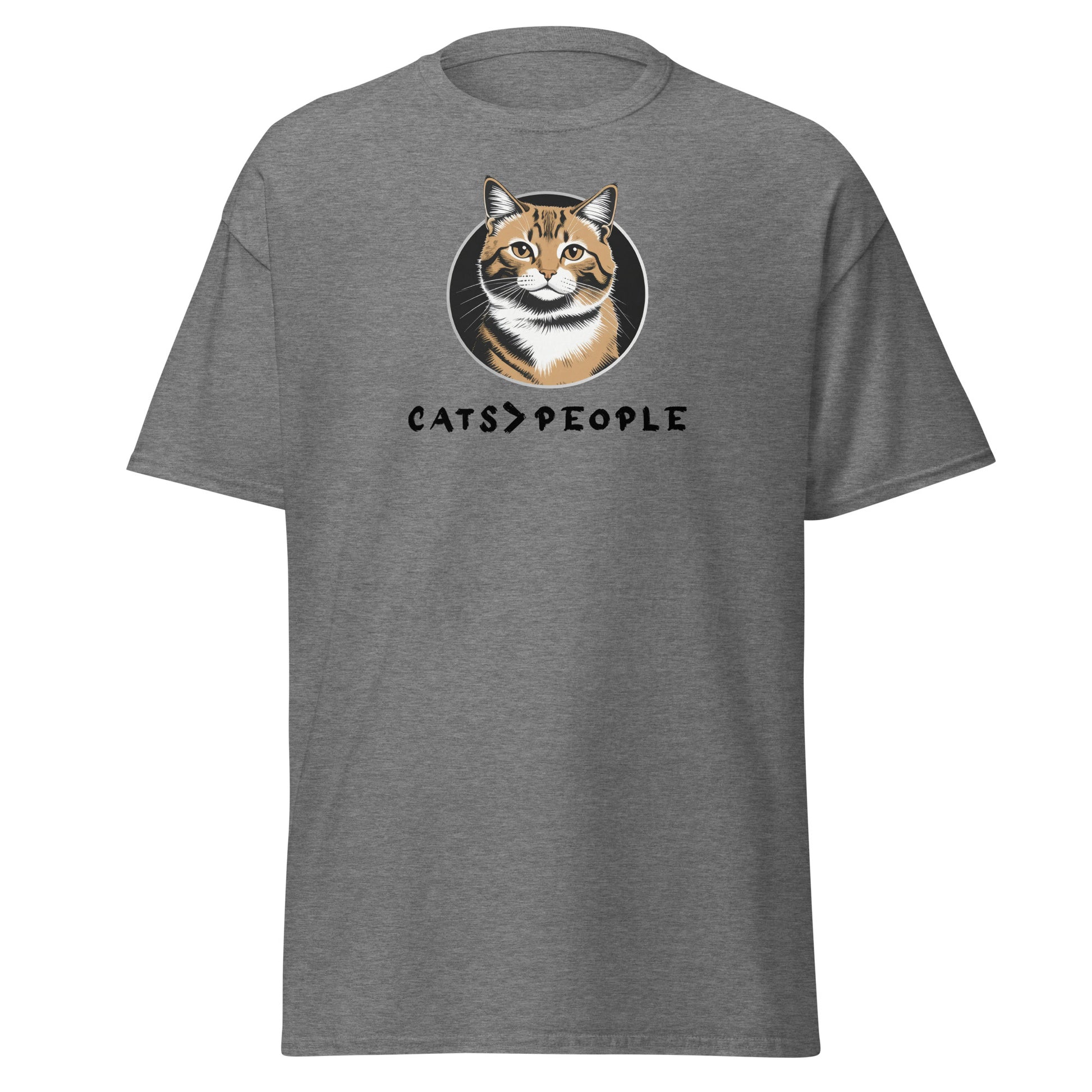 Gray t-shirt with a cat graphic and 'CATS > PEOPLE' text on a white background