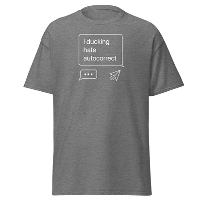 Gray t-shirt with white text and graphics on a white background
