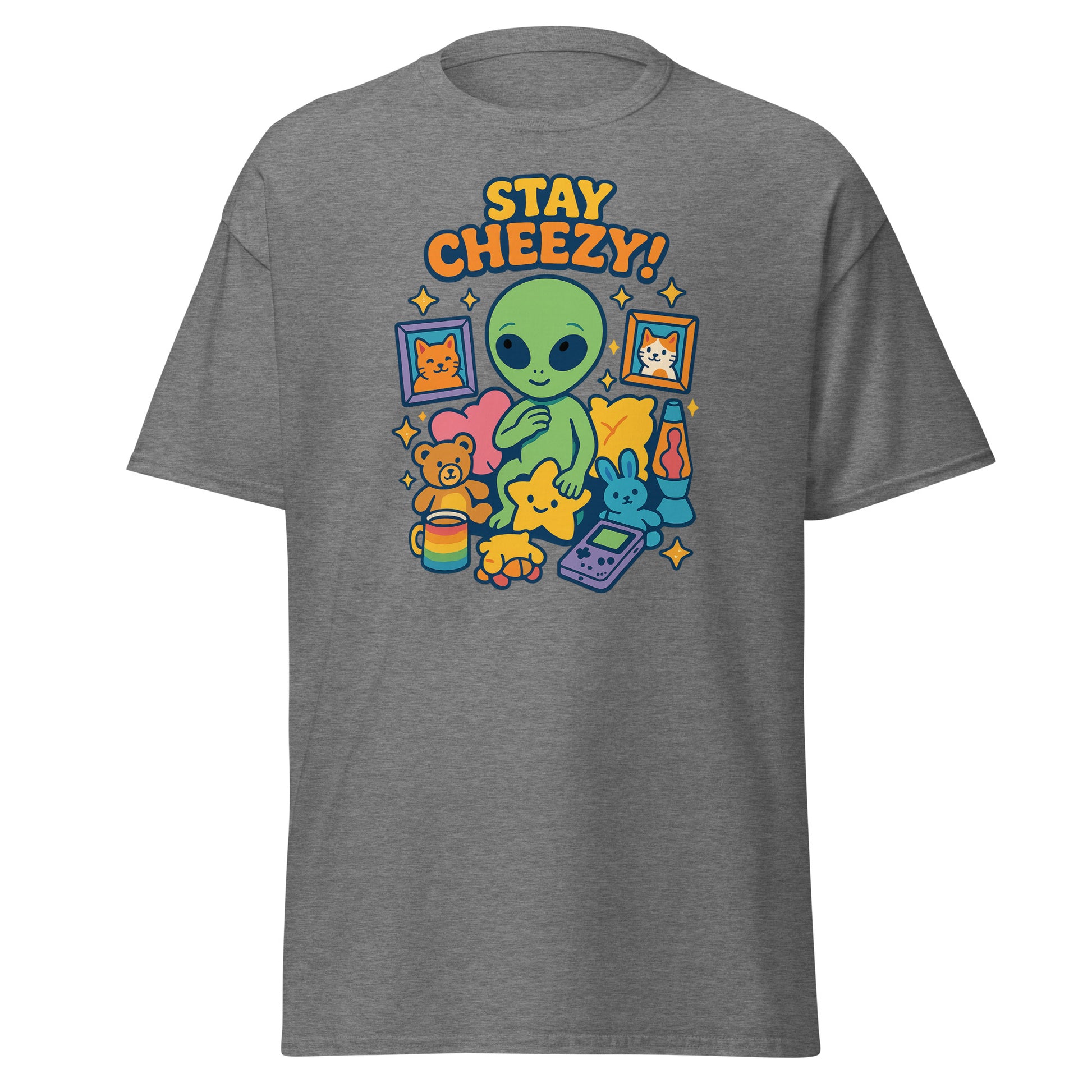 Gray t-shirt with colorful graphic design featuring an alien and text 'Stay Cheezy!' on a white background.
