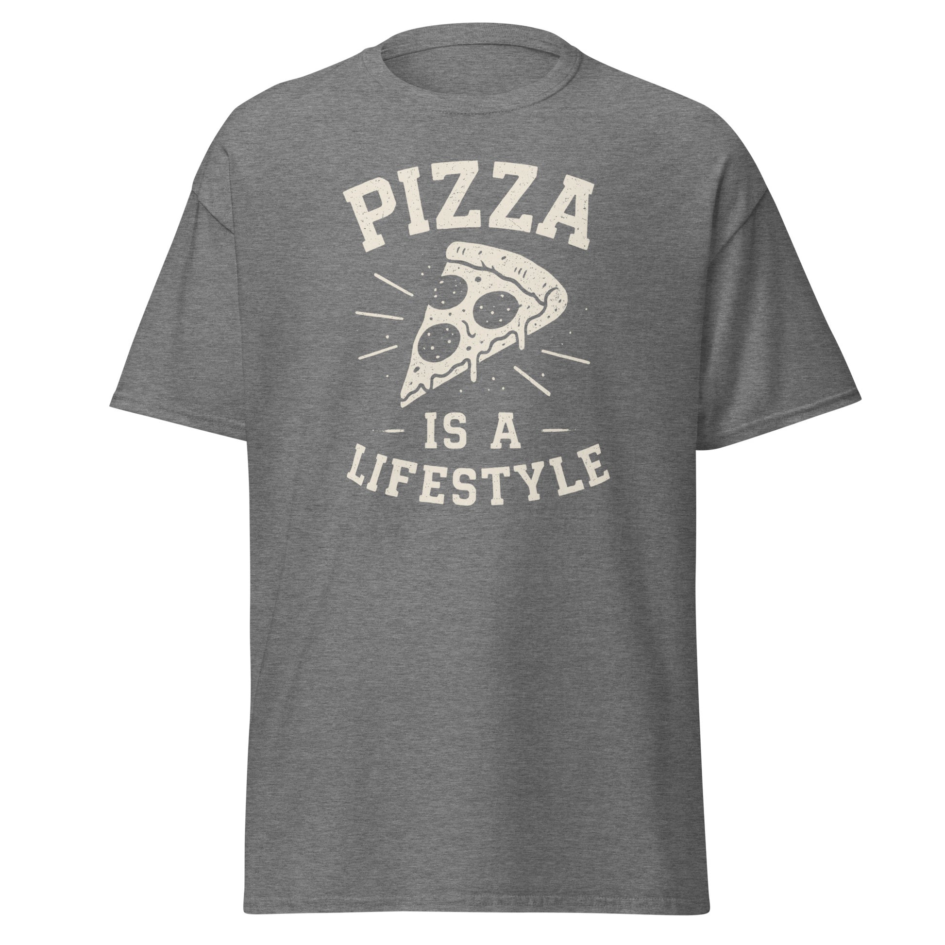 Gray t-shirt with 'Pizza is a Lifestyle' text and pizza slice graphic on a white background