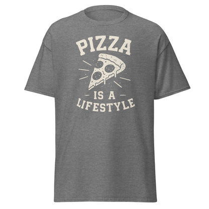 Gray t-shirt with 'Pizza is a Lifestyle' text and pizza slice graphic on a white background