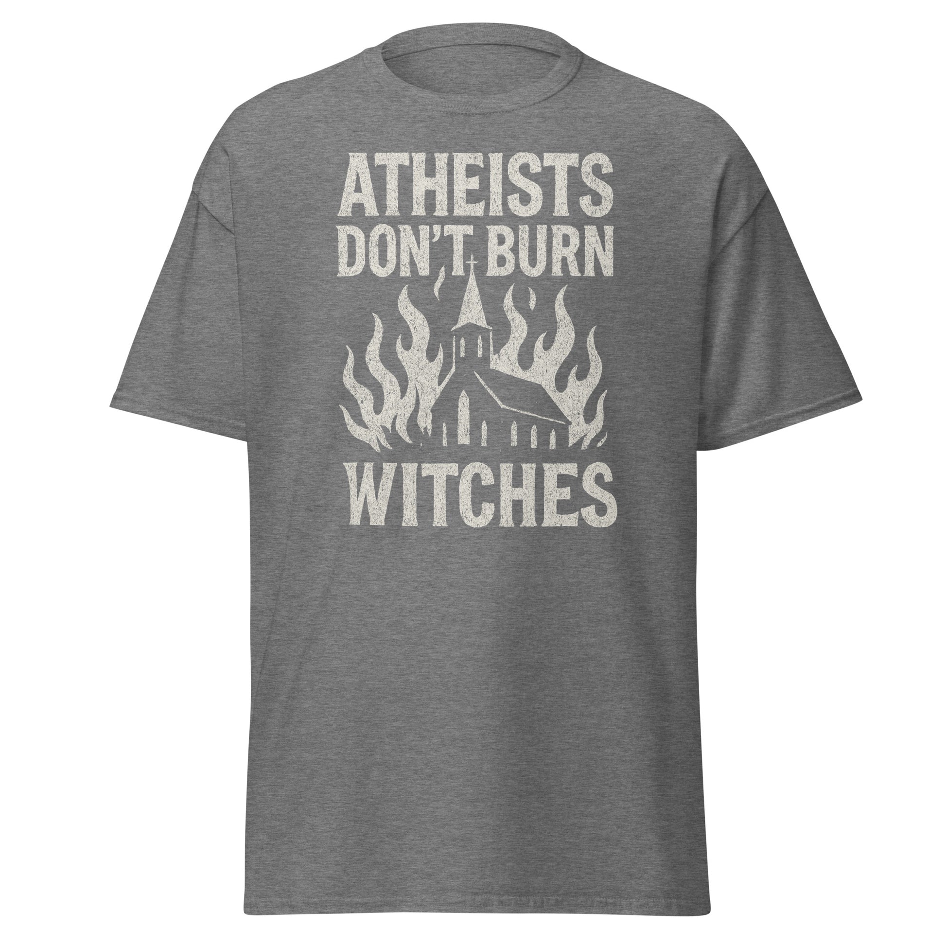 Gray t-shirt with white text and graphic design on a white background
