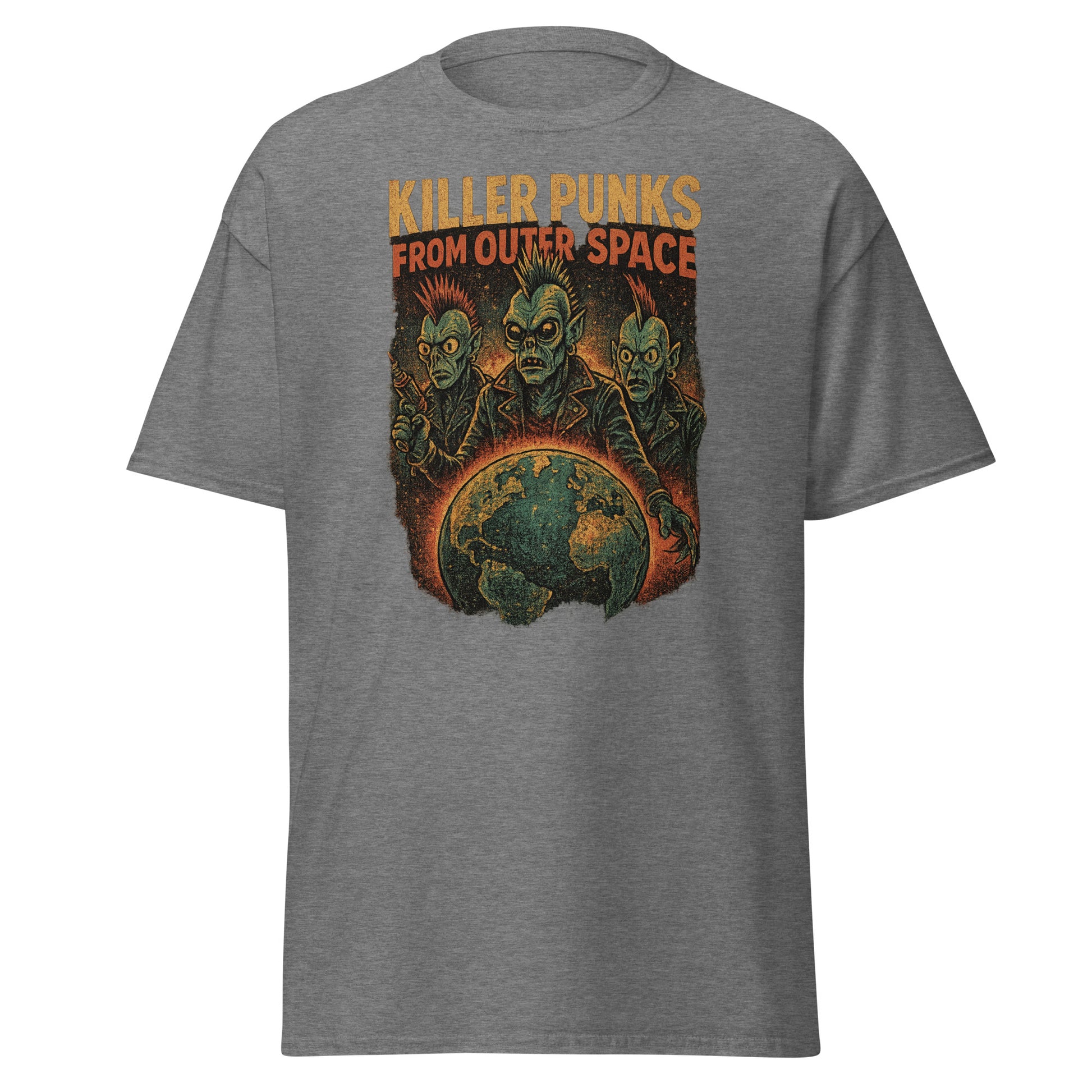 Gray t-shirt with alien graphic and text 'Killer Punks from Outer Space' on a white background