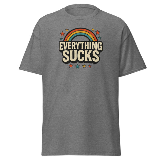 Gray t-shirt with 'Everything Sucks' graphic design on a white background