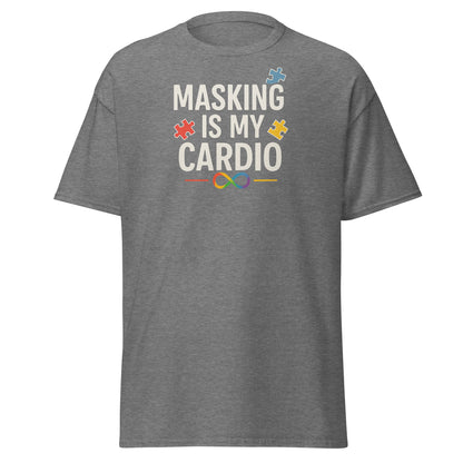 Gray t-shirt with 'Masking is my Cardio' text and puzzle piece graphics on a white background