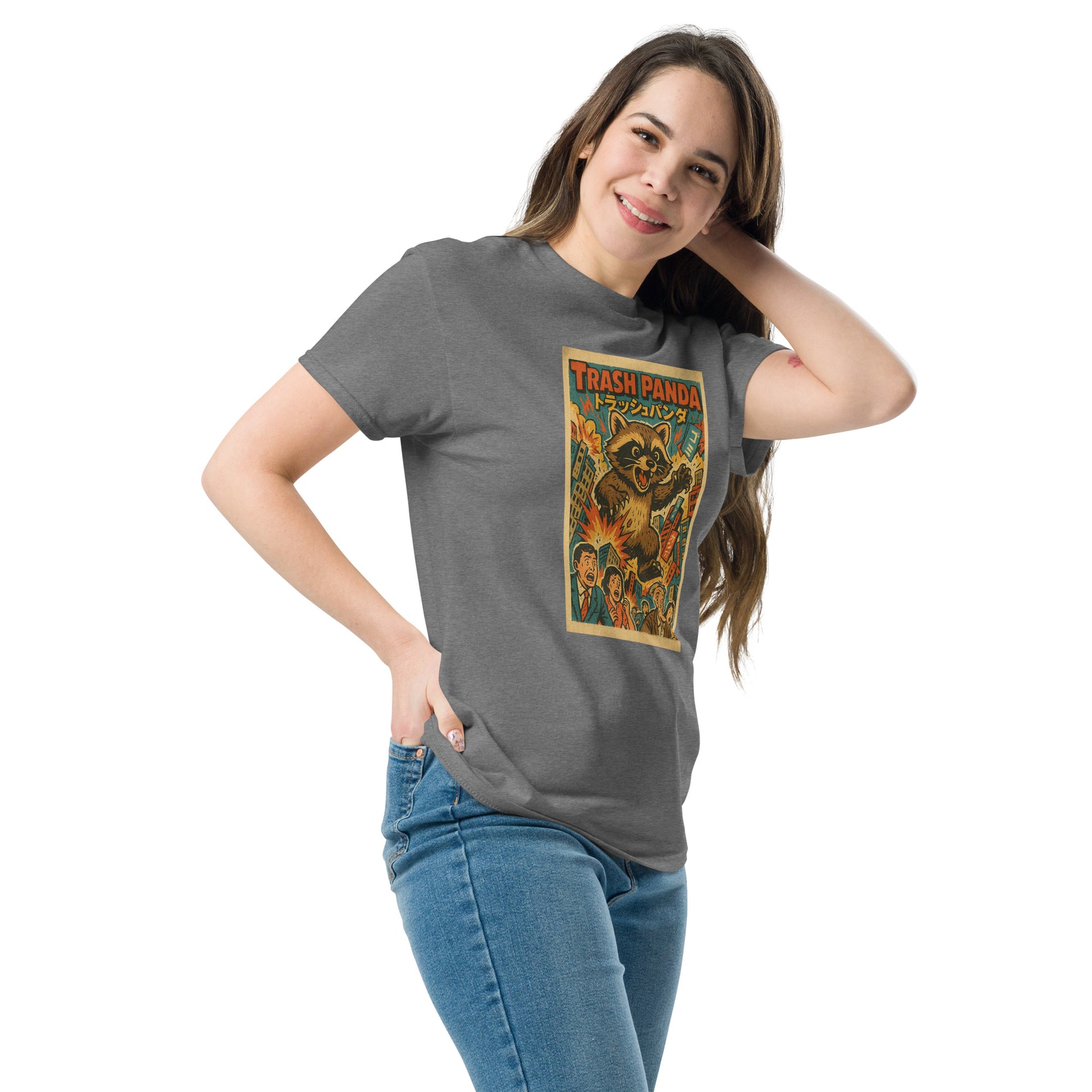 Woman wearing a gray t-shirt with a graphic design on a white background