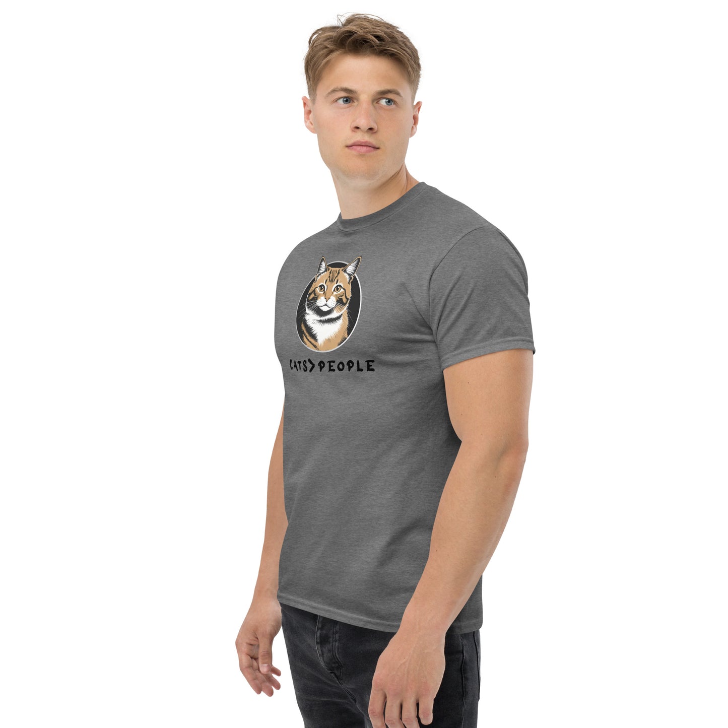 Man wearing a gray t-shirt with a dog graphic and text on a white background