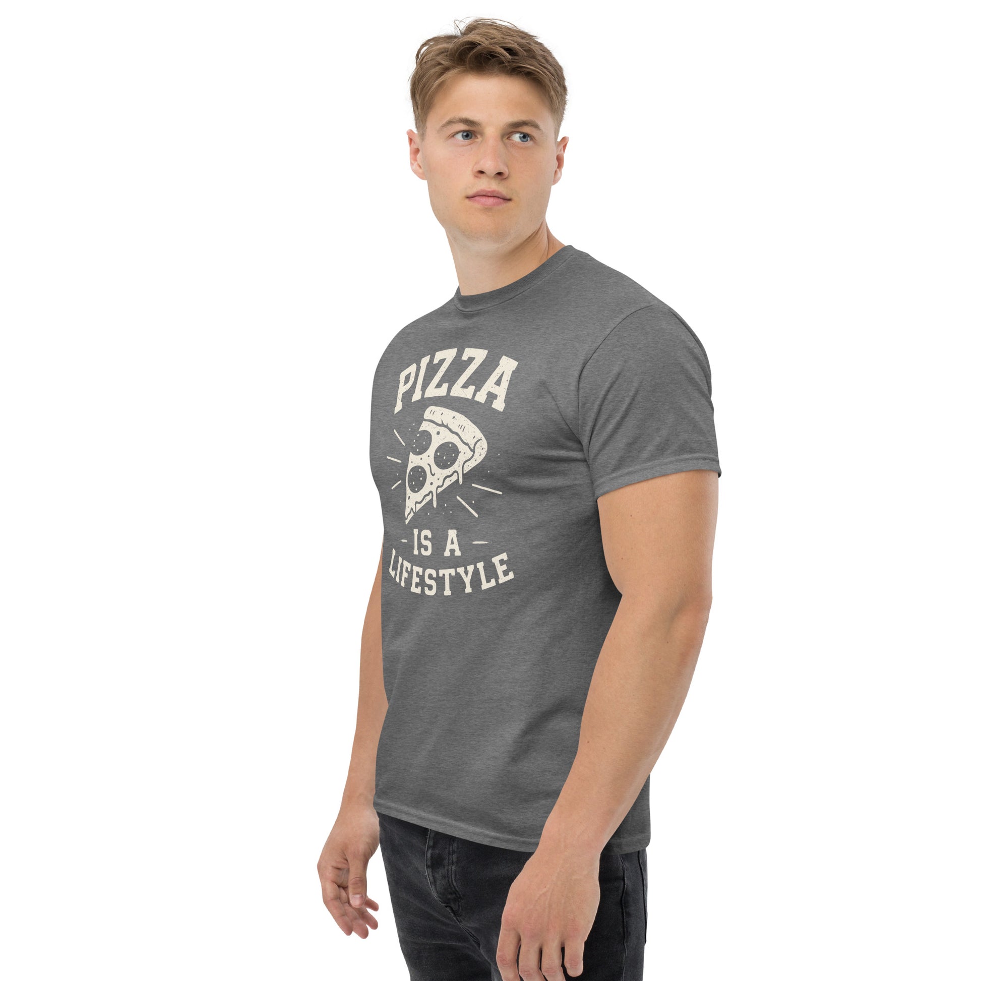 Man wearing a gray t-shirt with 'Pizza is a Lifestyle' print on a white background