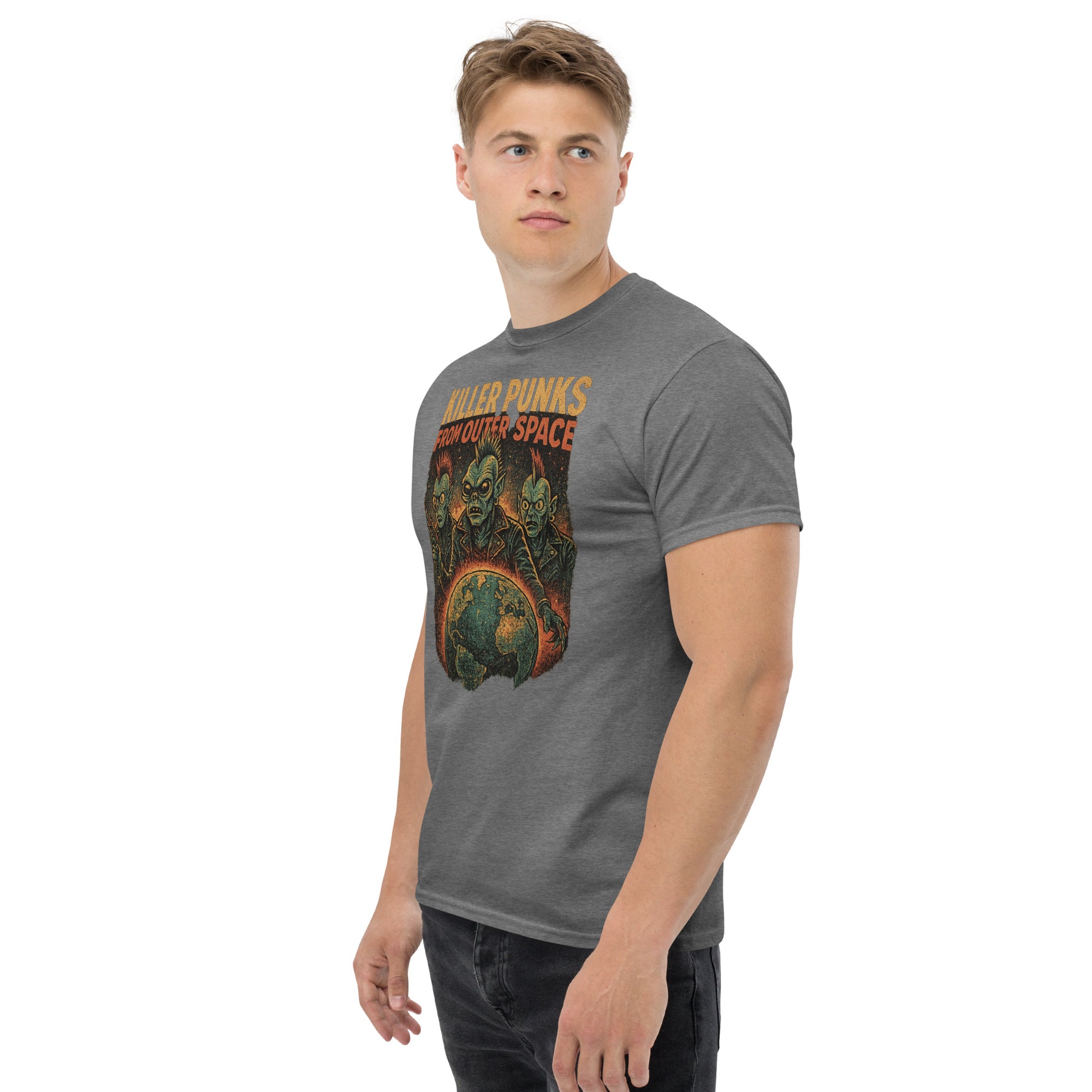 Man wearing a gray t-shirt with a graphic design and text on a white background