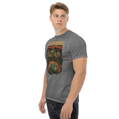 Man wearing a gray t-shirt with a graphic design and text on a white background