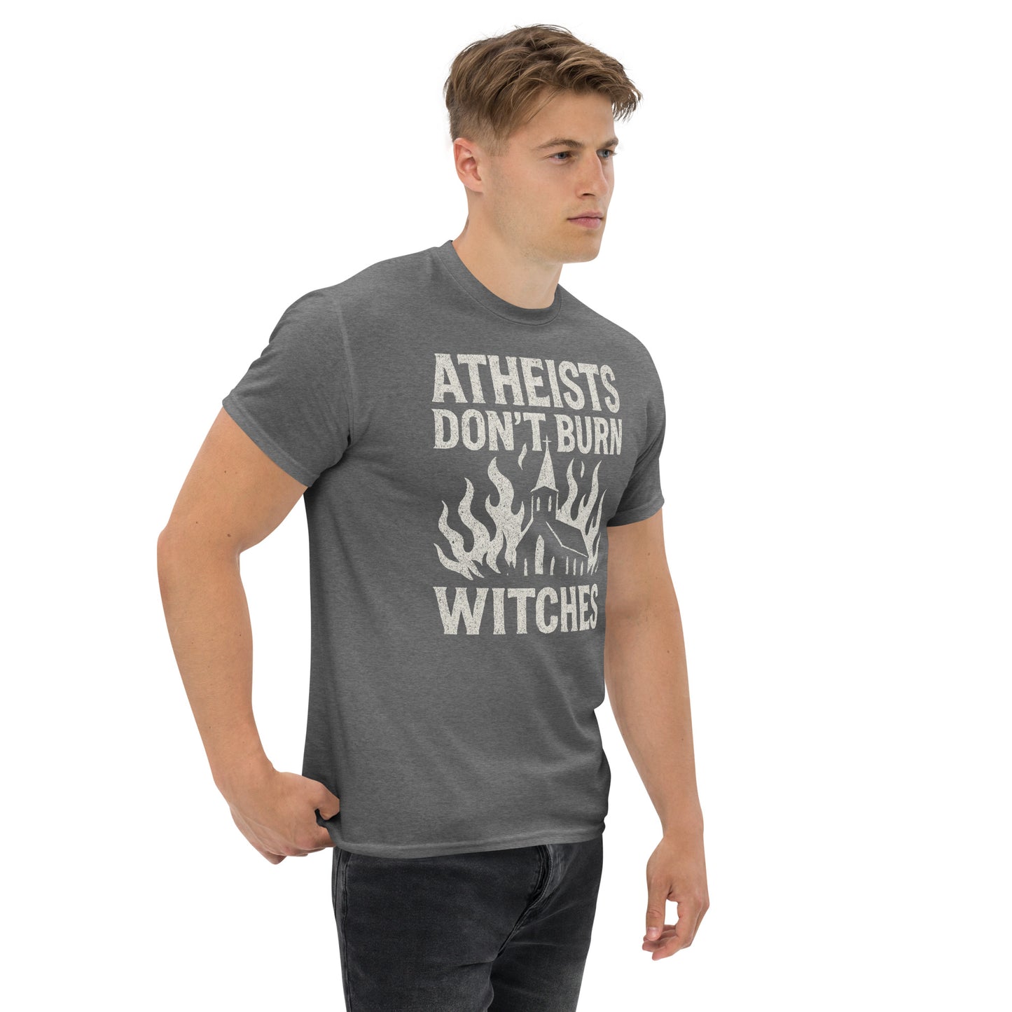 Man wearing a gray t-shirt with text and graphic design on a white background
