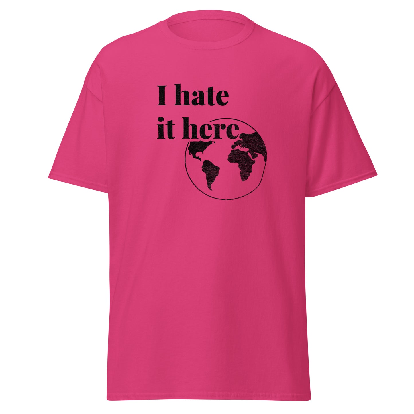 Pink t-shirt with black text and world map graphic on a white background
