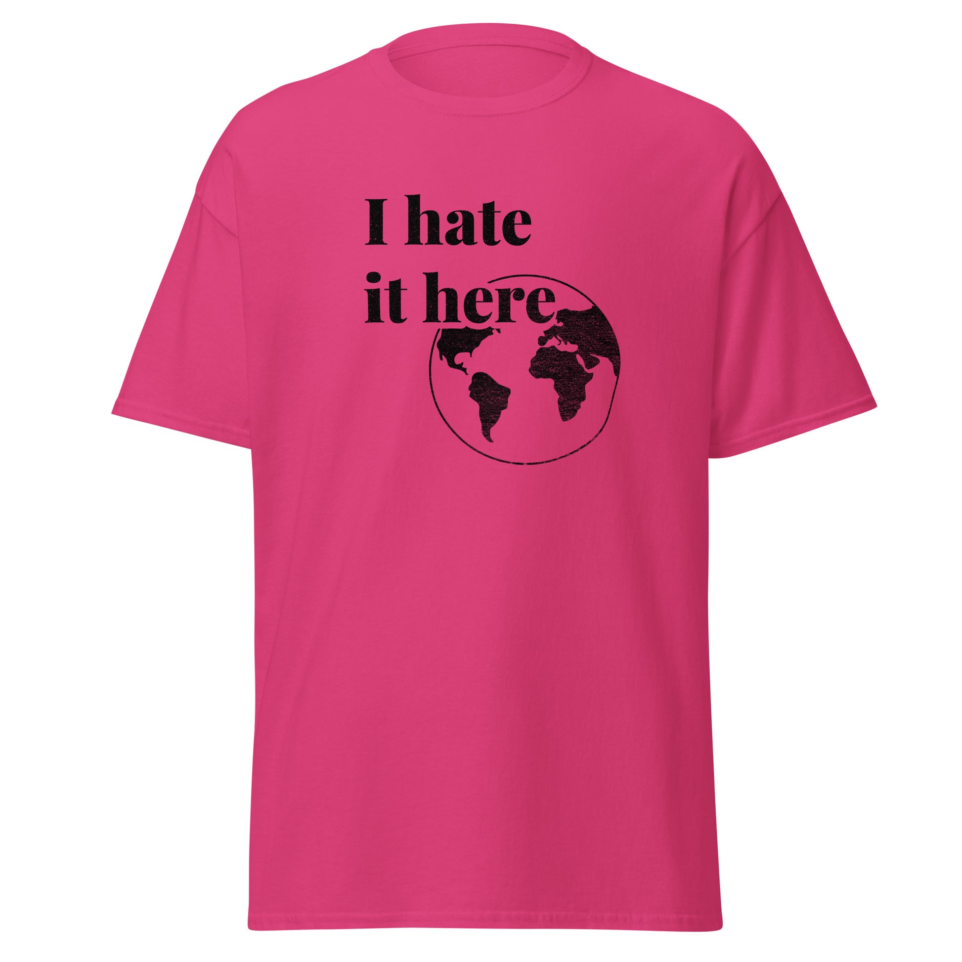 Pink t-shirt with black text and world map graphic on a white background