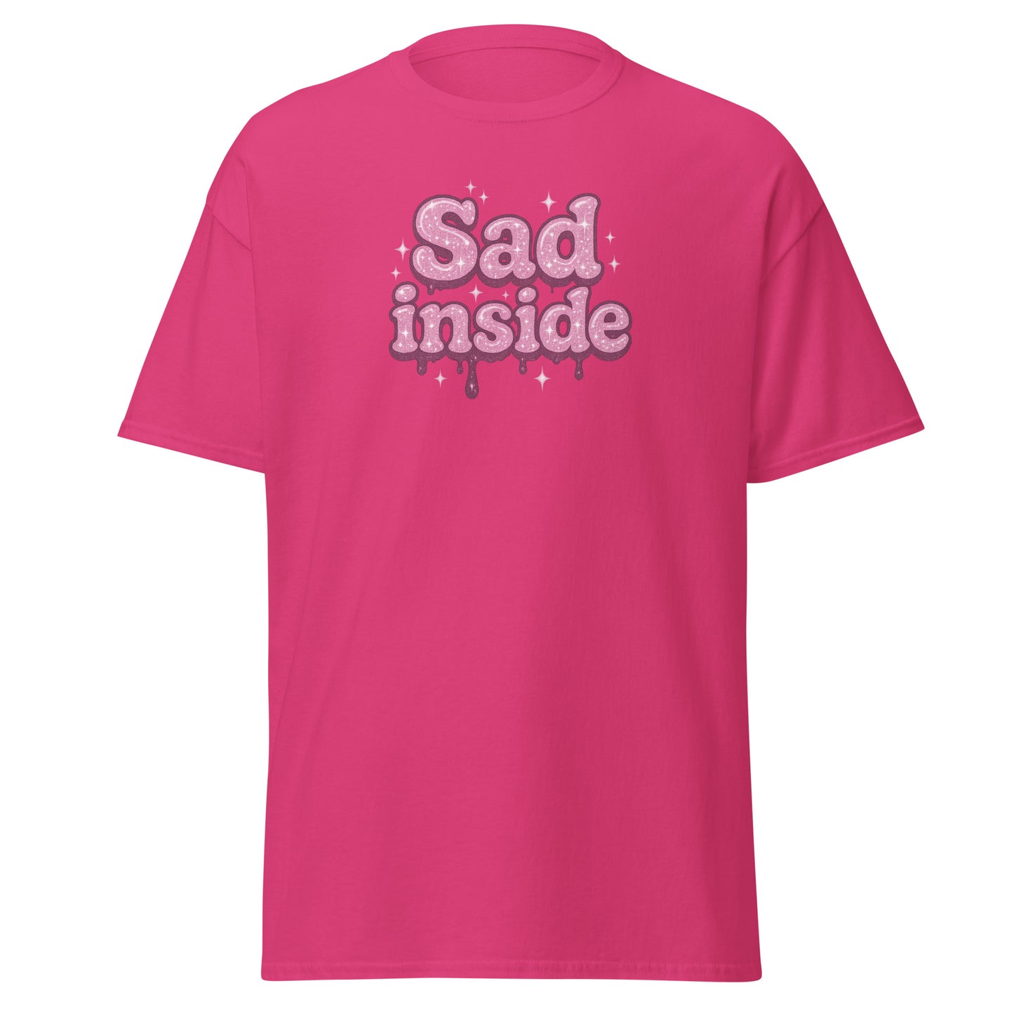 Pink t-shirt with 'Sad inside' text on a white background