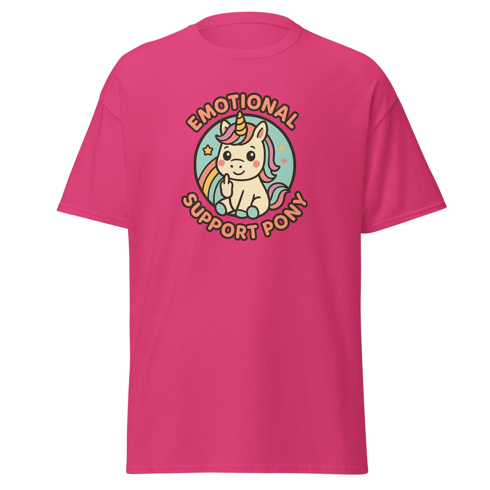 Pink t-shirt with a unicorn graphic and 'Emotional Support Pony' text on a white background