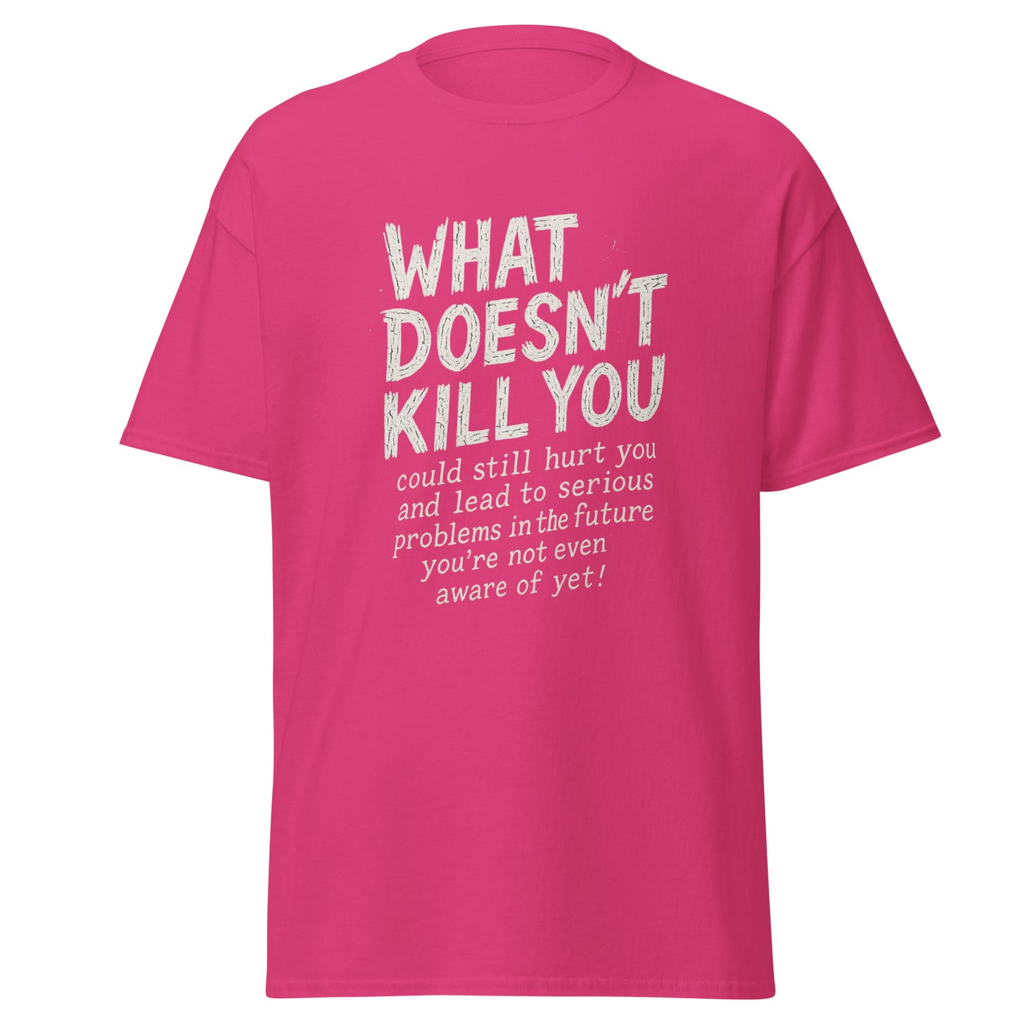 Pink t-shirt with white text on a white background