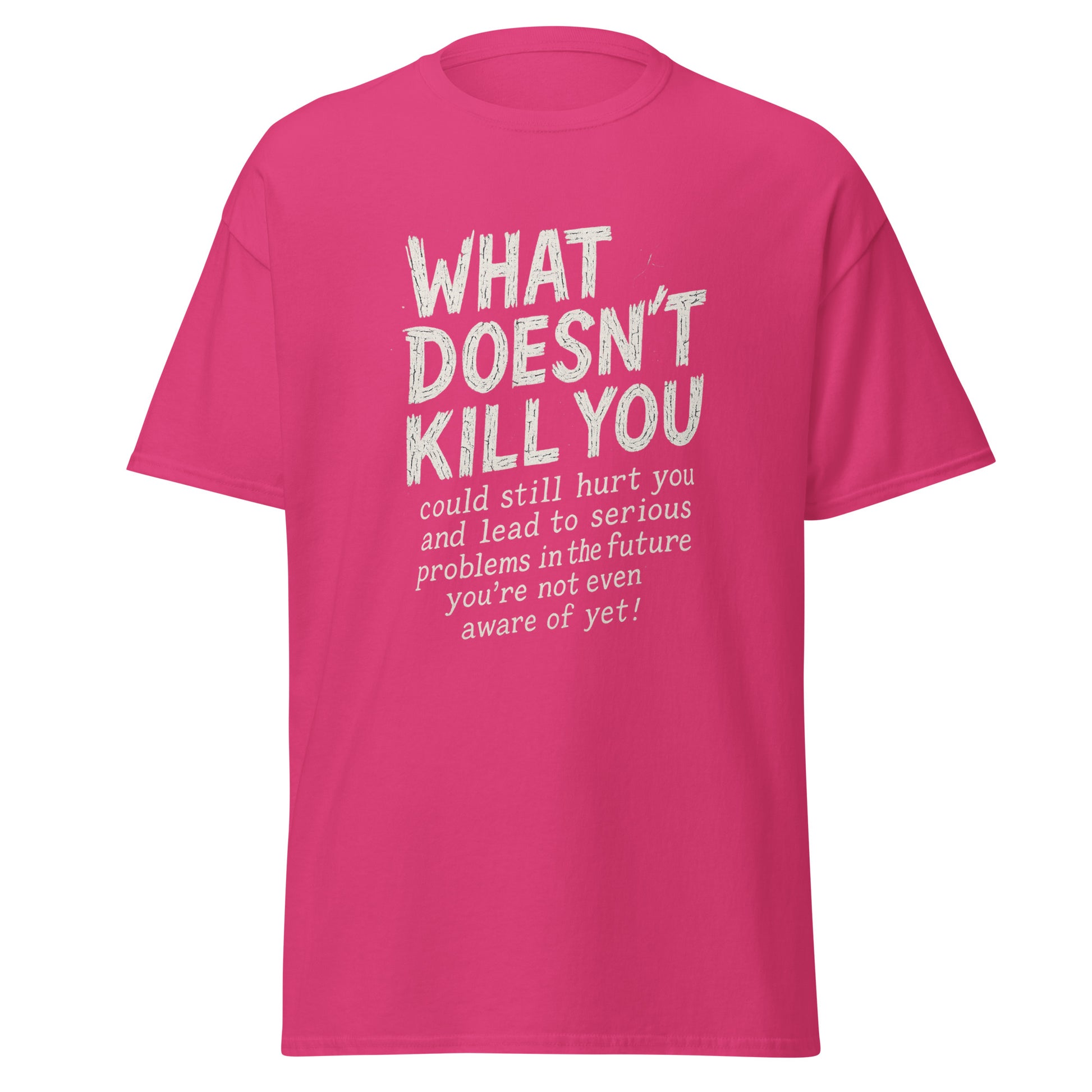 Pink t-shirt with white text on a white background