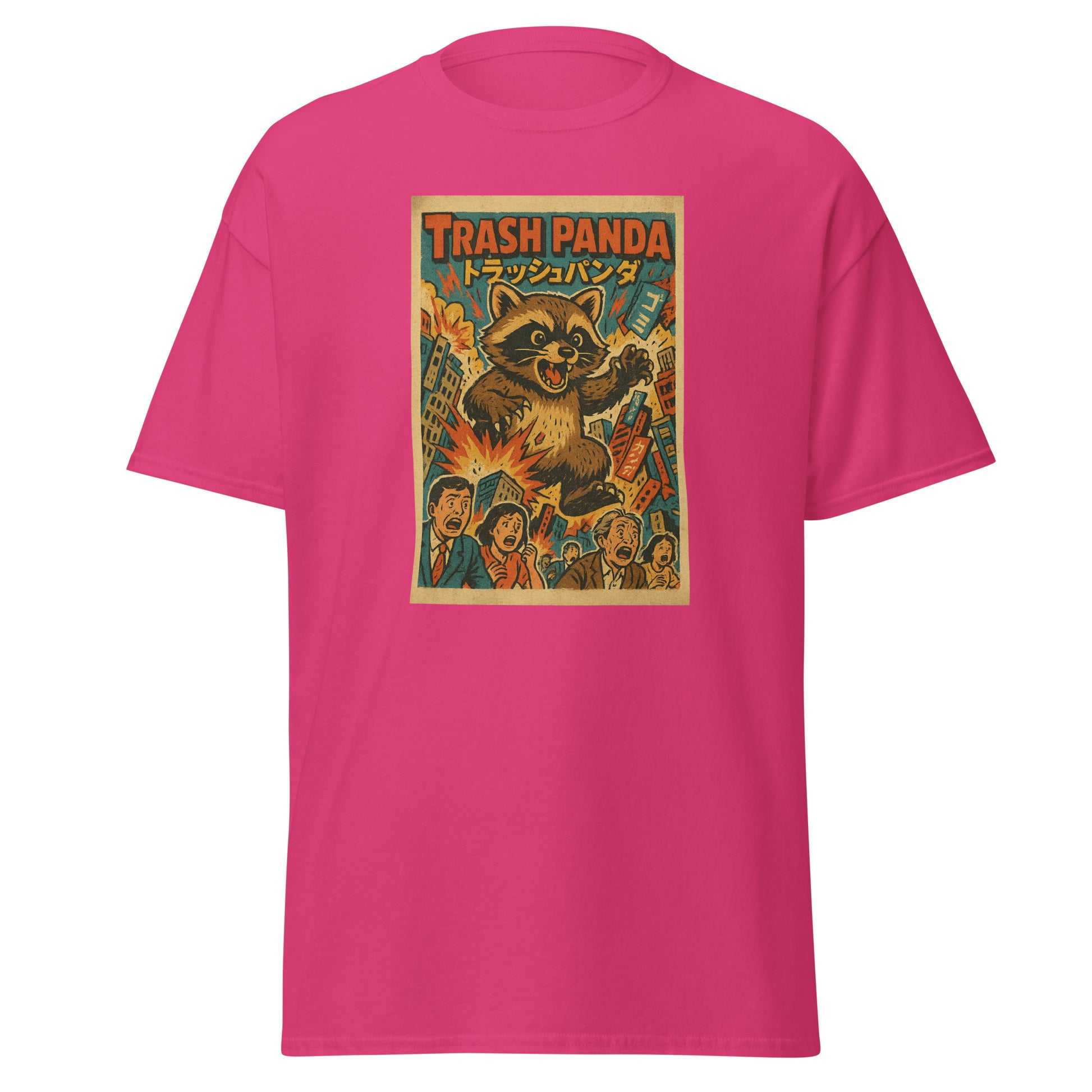 Pink t-shirt with 'Trash Panda' graphic design on a white background