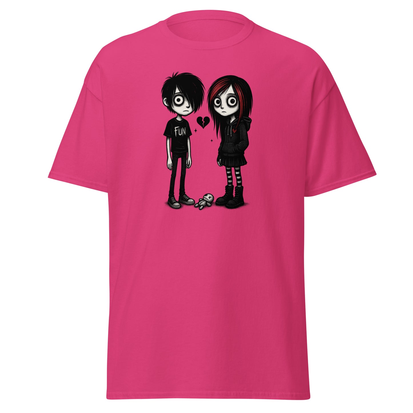 Pink t-shirt with cartoon characters and a heart design on a white background