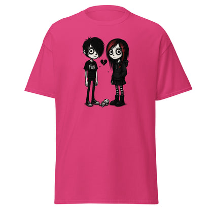Pink t-shirt with cartoon characters and a heart design on a white background