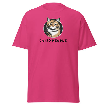 Pink t-shirt with a cat graphic and 'CATS > PEOPLE' text on a white background