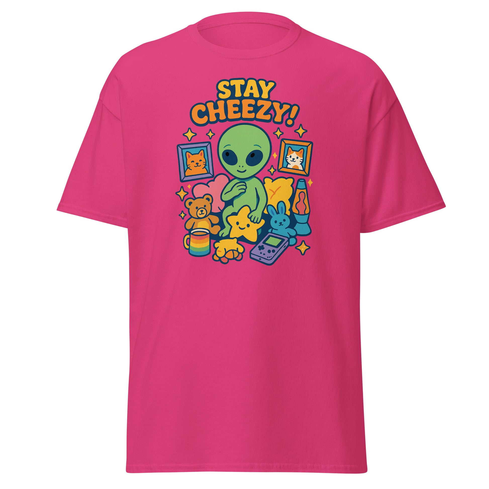 Pink t-shirt with colorful alien and teddy bear graphic and 'Stay Cheezy!' text on a white background