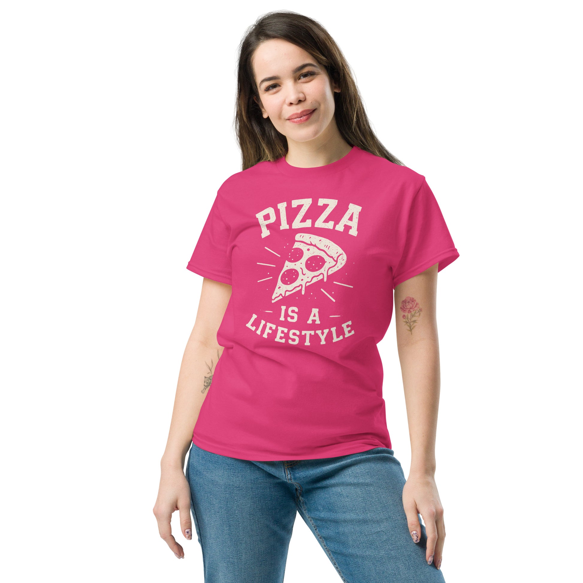 Woman wearing a pink t-shirt with 'Pizza is a Lifestyle' text on a white background