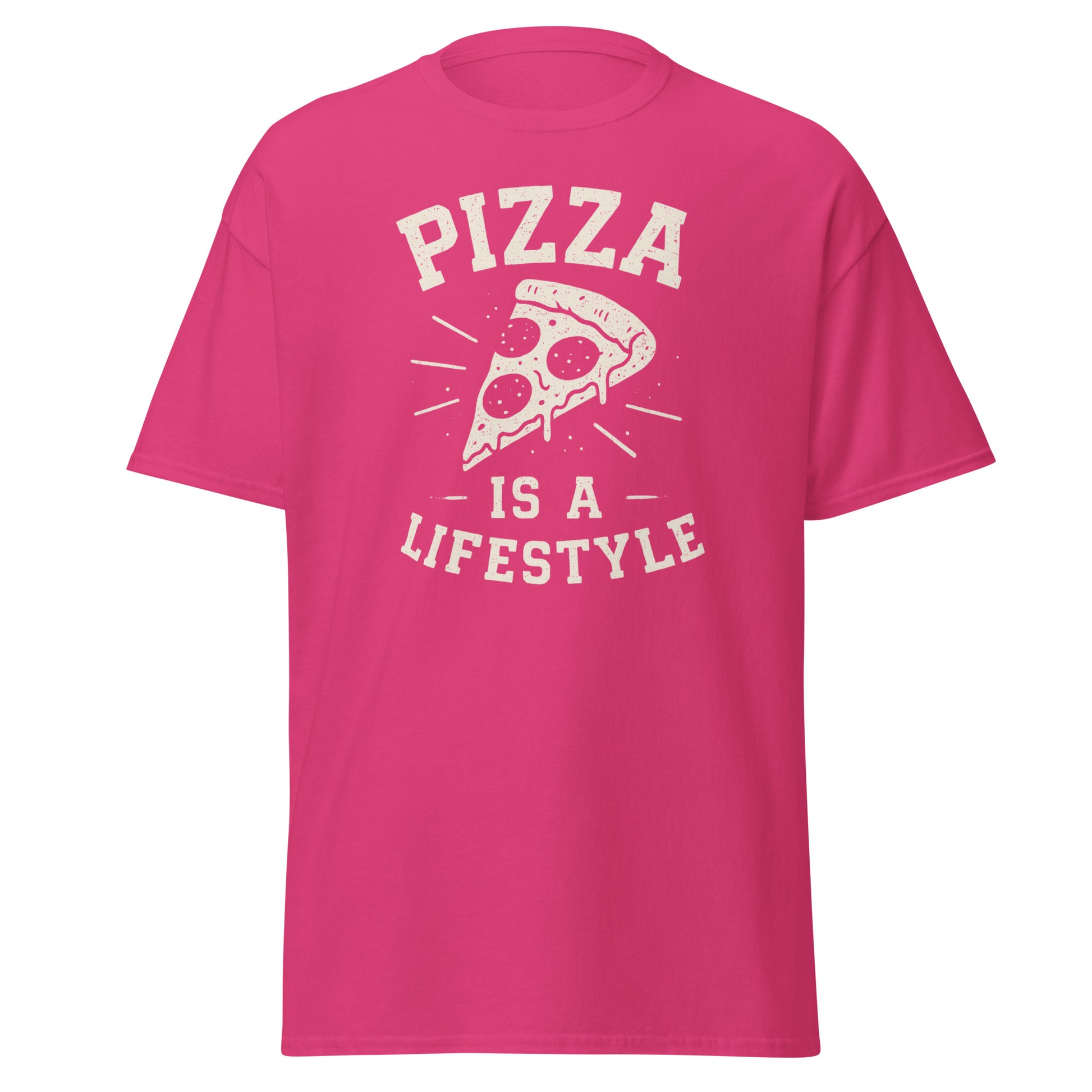 Pink t-shirt with 'Pizza is a Lifestyle' text and pizza slice graphic on a white background