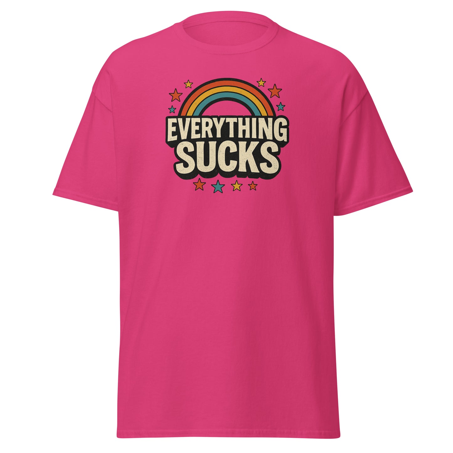 Pink t-shirt with 'Everything Sucks' graphic design on a white background