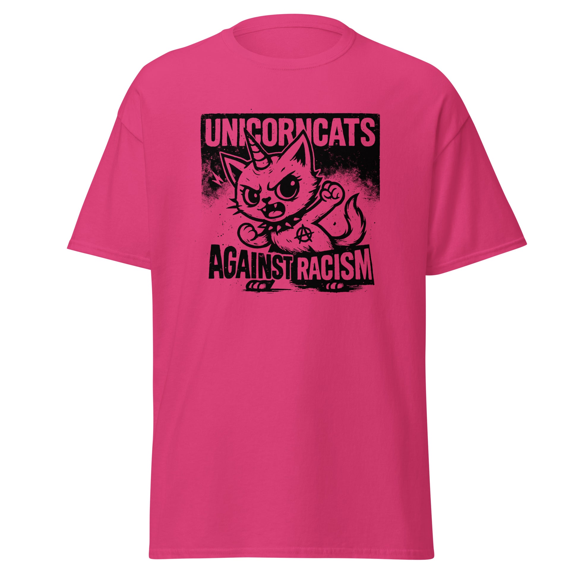 Pink shirt with a unicorncat and the slogan "Unicorncats against racism"