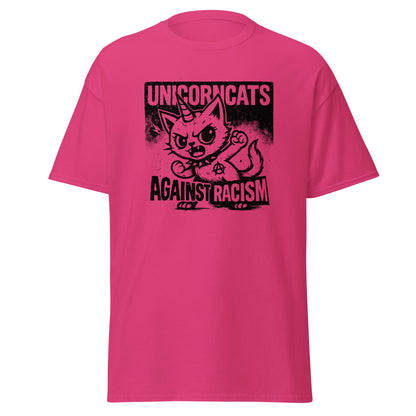 Pink shirt with a unicorncat and the slogan "Unicorncats against racism"