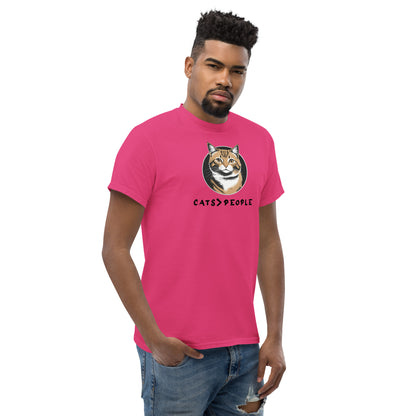 Man wearing a pink t-shirt with a cat graphic and text on a white background