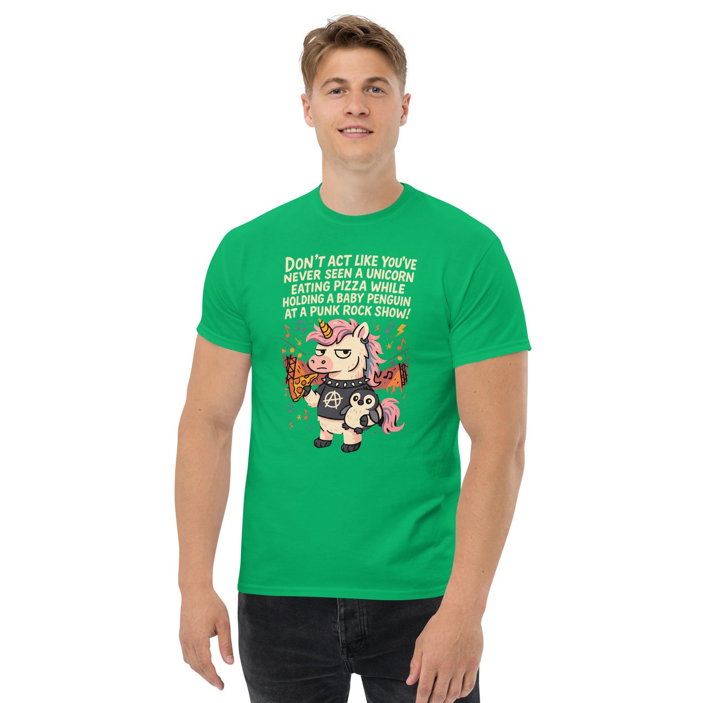 Person wearing a green t-shirt with a cartoon design and text on a white background