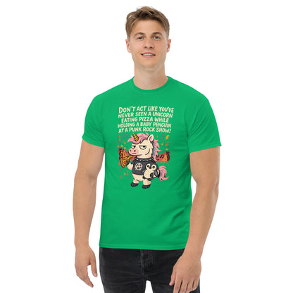 Person wearing a green t-shirt with a cartoon design and text on a white background