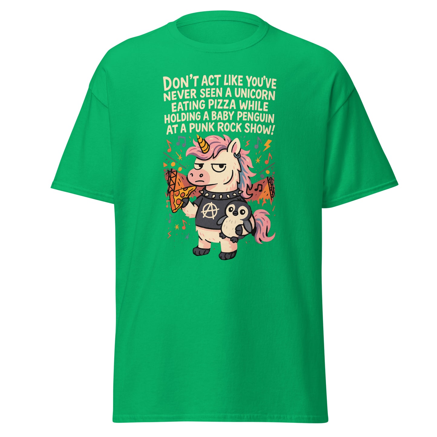 Green t-shirt with a unicorn and penguin graphic and humorous text on a white background