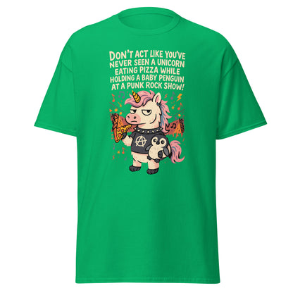 Green t-shirt with a unicorn and penguin graphic and humorous text on a white background