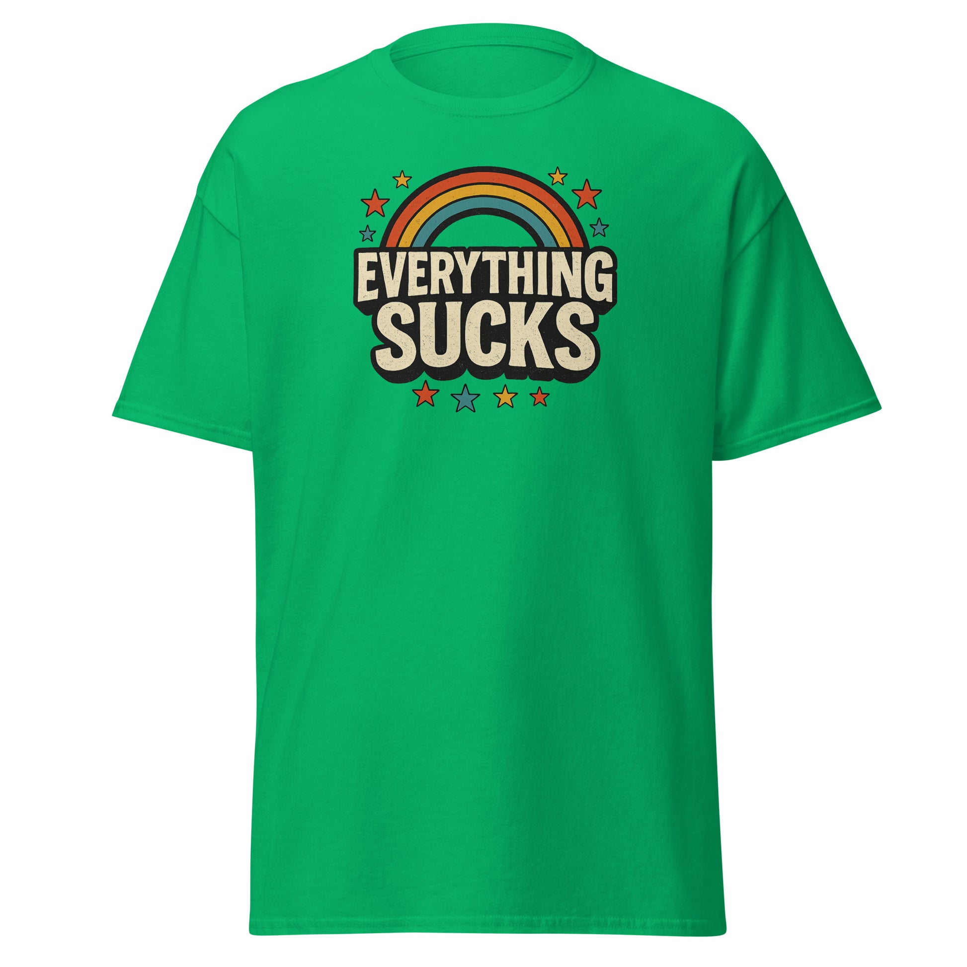 Green t-shirt with 'Everything Sucks' graphic design on a white background