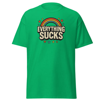Green t-shirt with 'Everything Sucks' graphic design on a white background