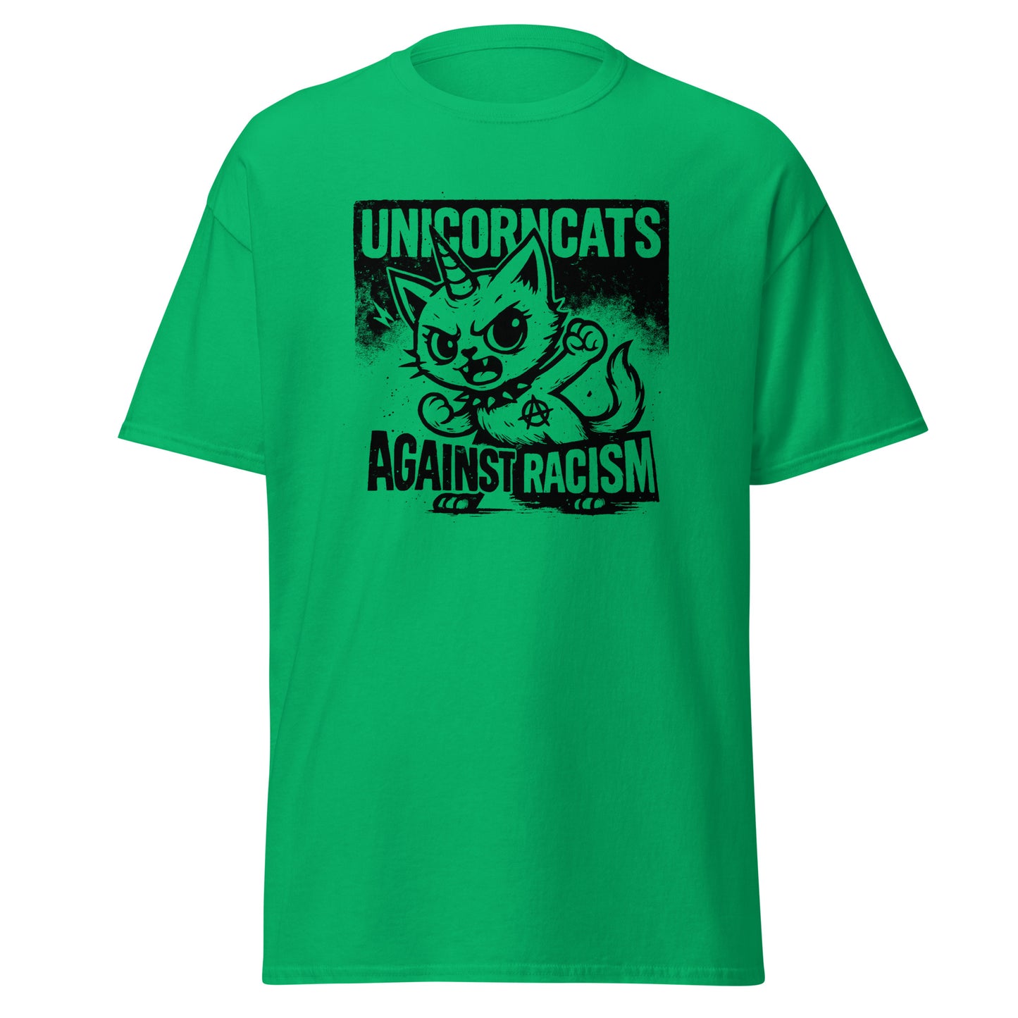 Green shirt with a unicorncat and the slogan "Unicorncats against racism"