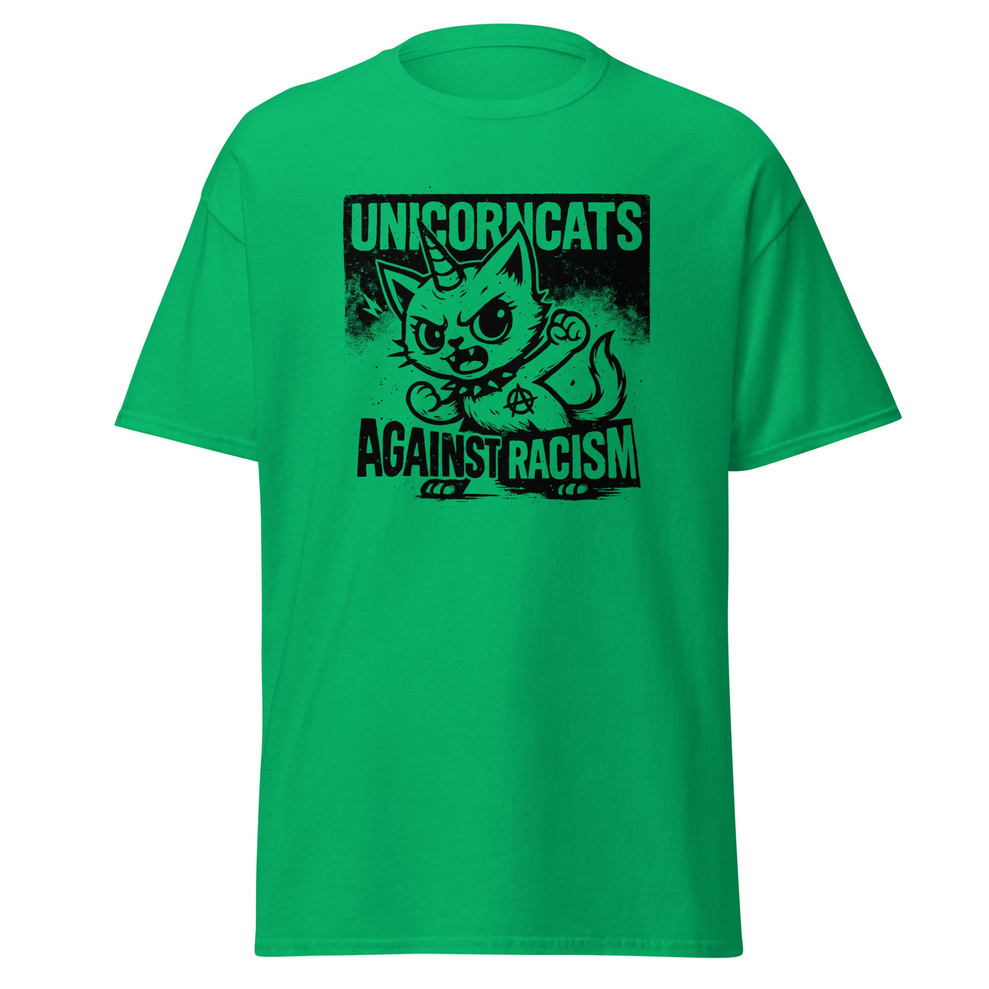 Green shirt with a unicorncat and the slogan "Unicorncats against racism"