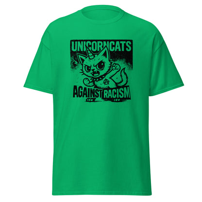 Green shirt with a unicorncat and the slogan "Unicorncats against racism"