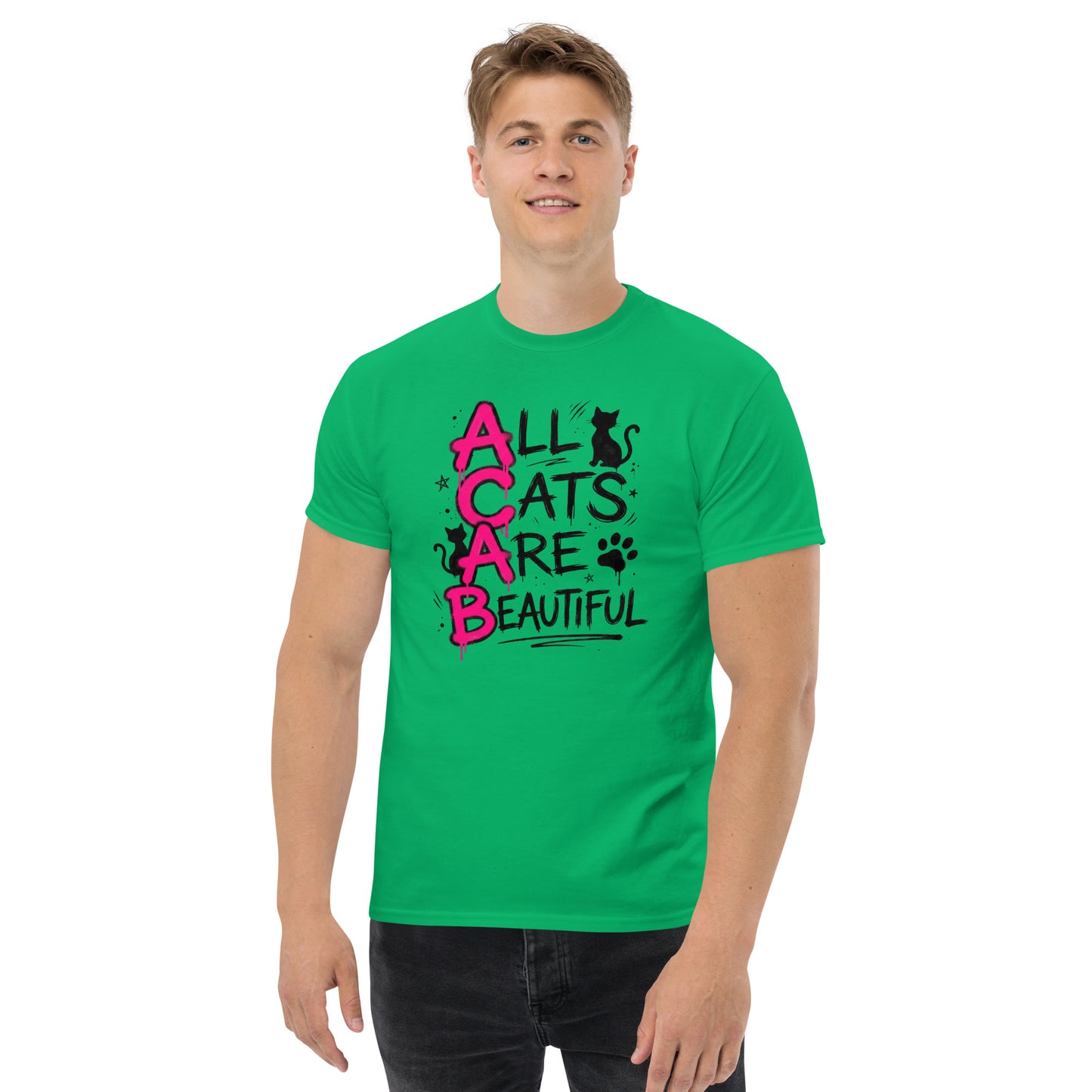 Person wearing a green t-shirt with 'All Cats Are Beautiful' text and cat graphics on a white background
