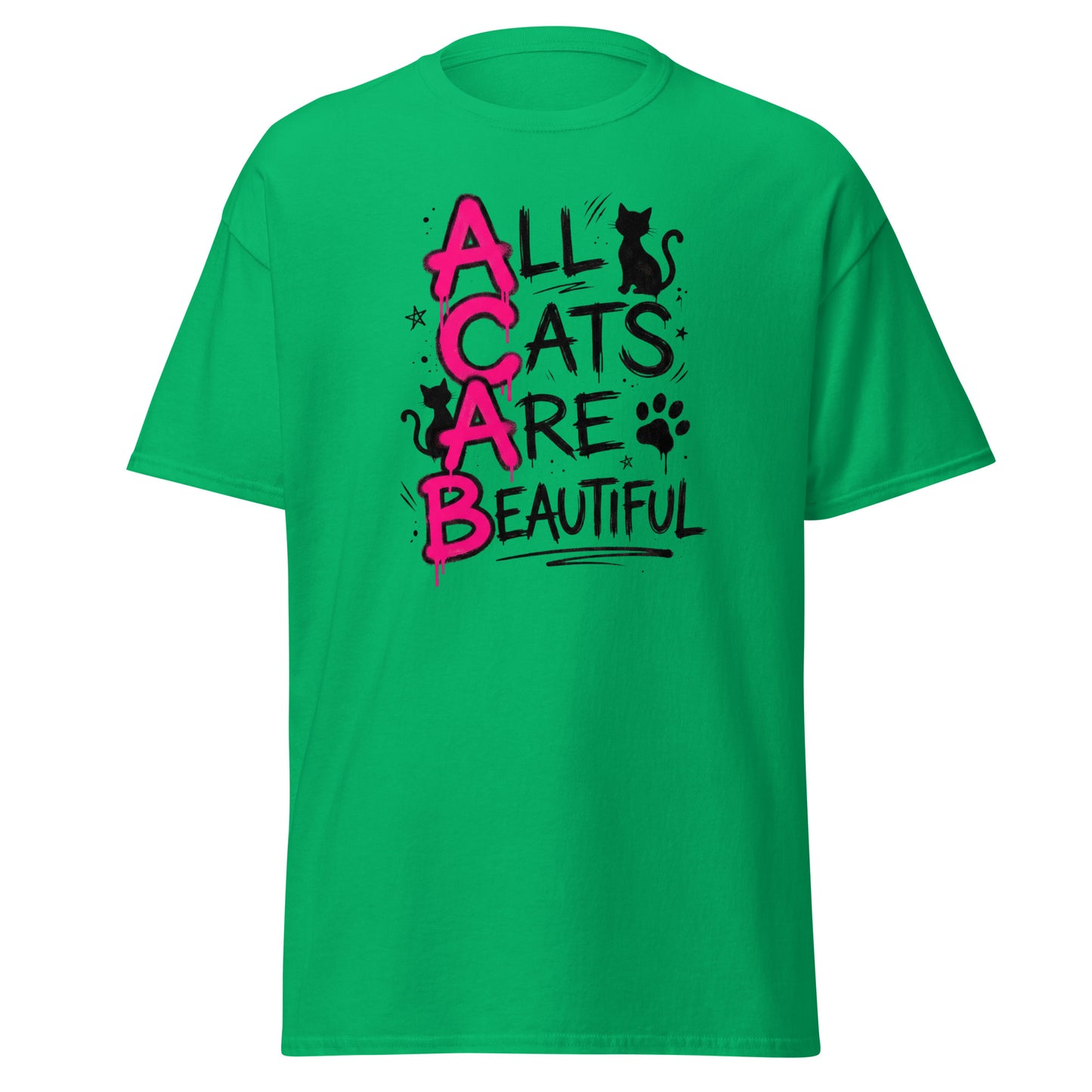 Green t-shirt with 'All Cats Are Beautiful' text and cat graphics on a white background