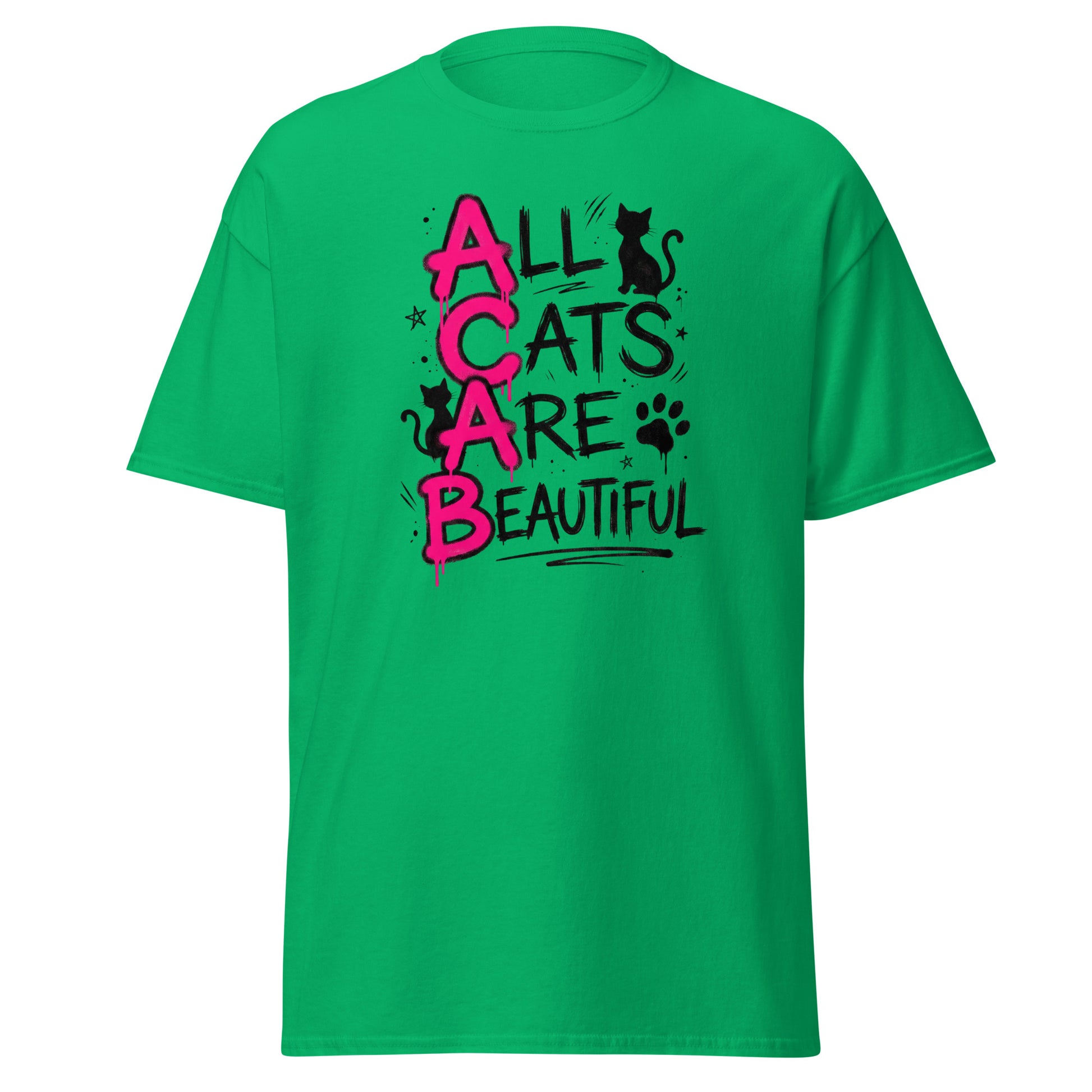 Green t-shirt with 'All Cats Are Beautiful' text and cat graphics on a white background