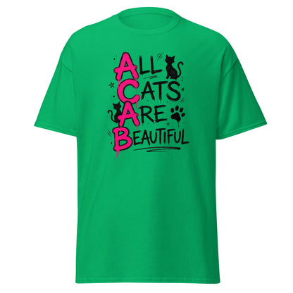 Green t-shirt with 'All Cats Are Beautiful' text and cat graphics on a white background