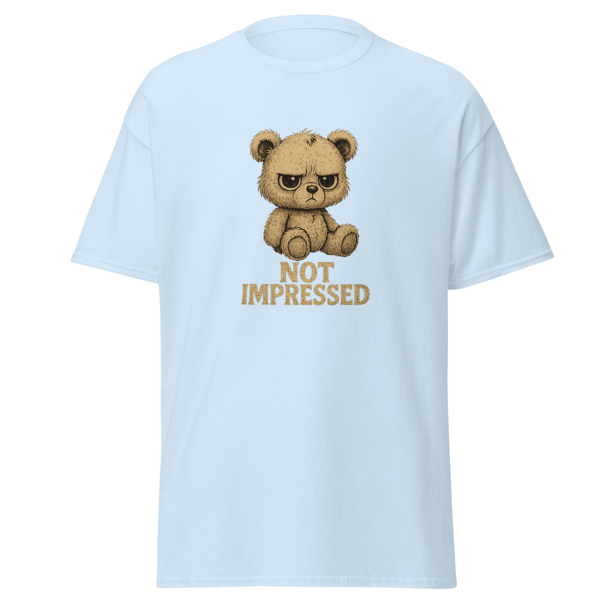 Light blue t-shirt with a bear graphic and 'Not Impressed' text on a white background