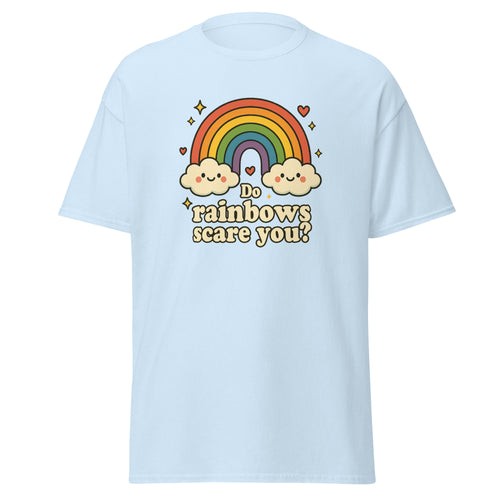 Light blue t-shirt with a rainbow and cloud design on a white background