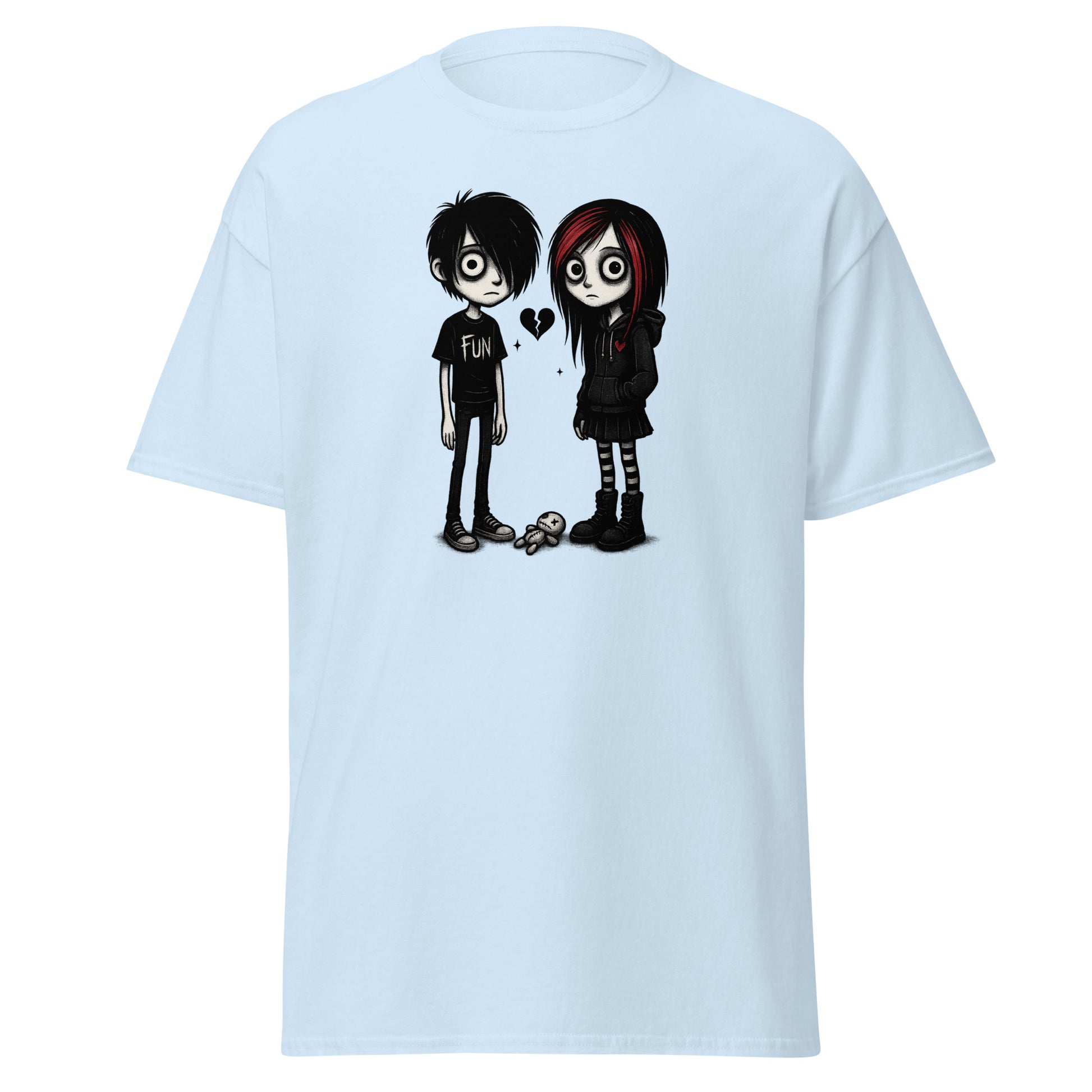 Light blue t-shirt with cartoon characters on a white background