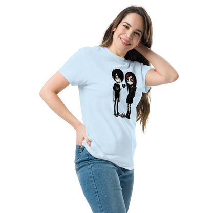 Woman wearing a light blue t-shirt with cartoon characters on a white background